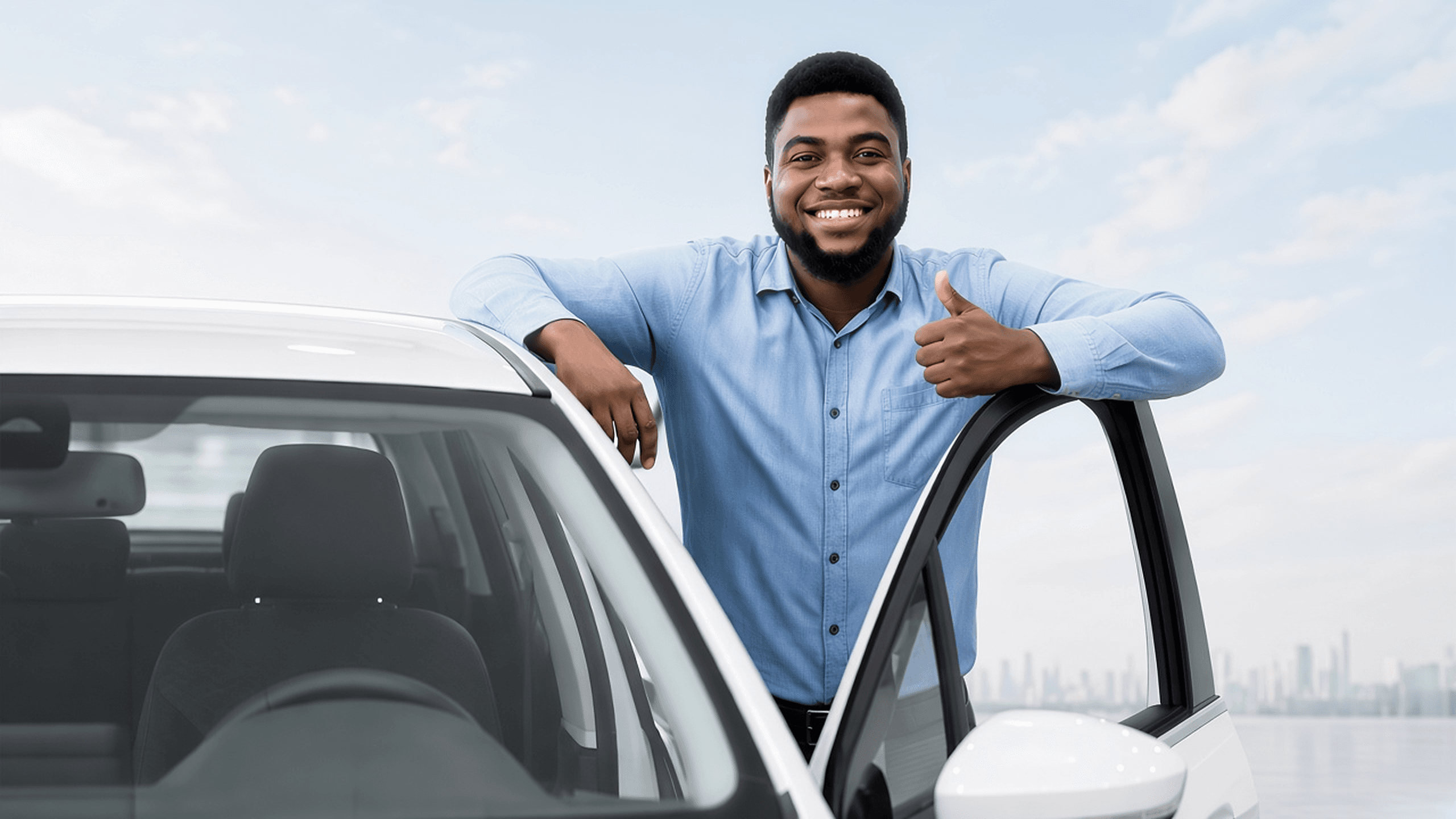 A smiling customer giving a thumbs up beside a car under an open sky