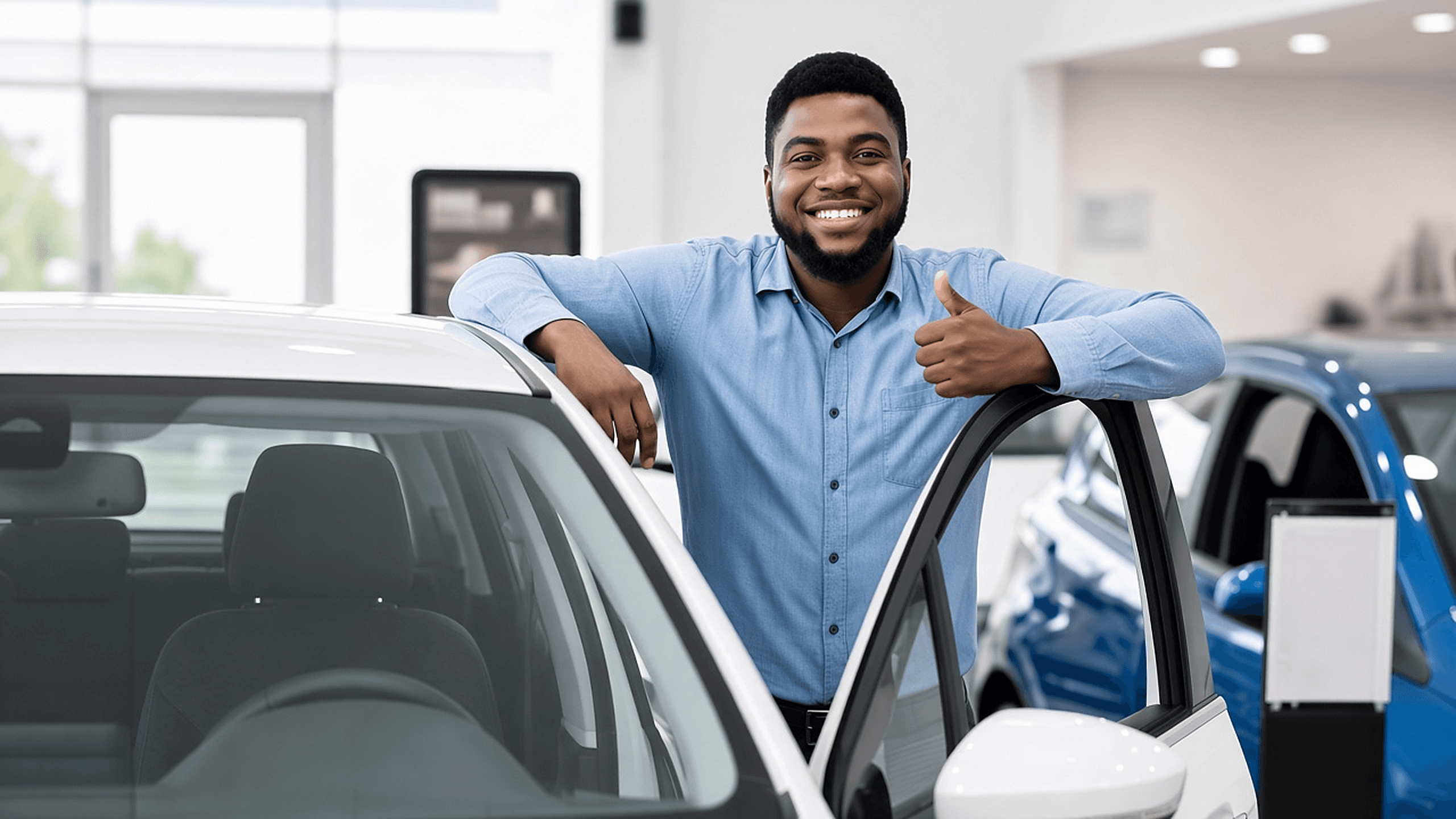 A customer with a car in the showroom