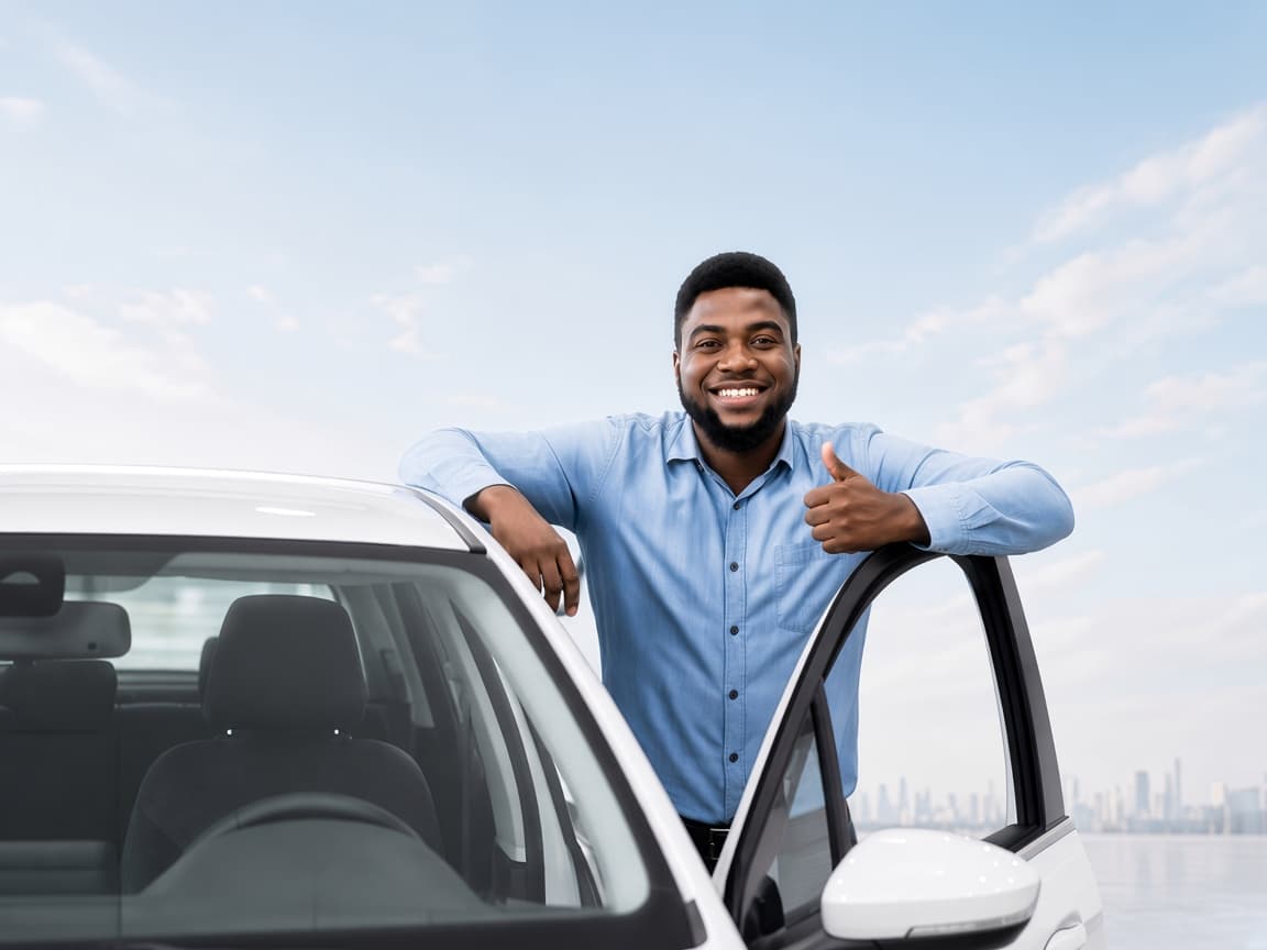 A smiling customer giving a thumbs up beside a car under an open sky